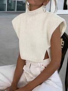 Cévolie Sweater Pullover Wanita, Atasan Rajut Kasual Warna Polos - Aprikot - View 3