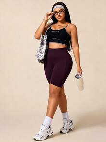 BamGleam Women's Plus Size Solid Color High Waist Seamless Slim Fit Sports Shorts Gym Sports Dark Purple Summer - Purple - View 6