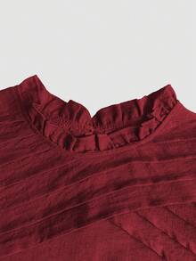 Elouméa 女款春夏休閒紅色不對稱百褶荷葉袖荷葉領上衣 + 女款春夏休閒紅色葉子印花鬆緊腰側雙口袋直筒九分褲 - 紅色 - 查看 5