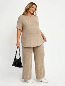 Plussiva Plus Size Maternity Round Neck Short Sleeve T-Shirt Pants Baggy 2 Pieces Set Post Partum Nursing Summer Light Blue Photoshoot Casual Loose Fit - Khaki - View 4