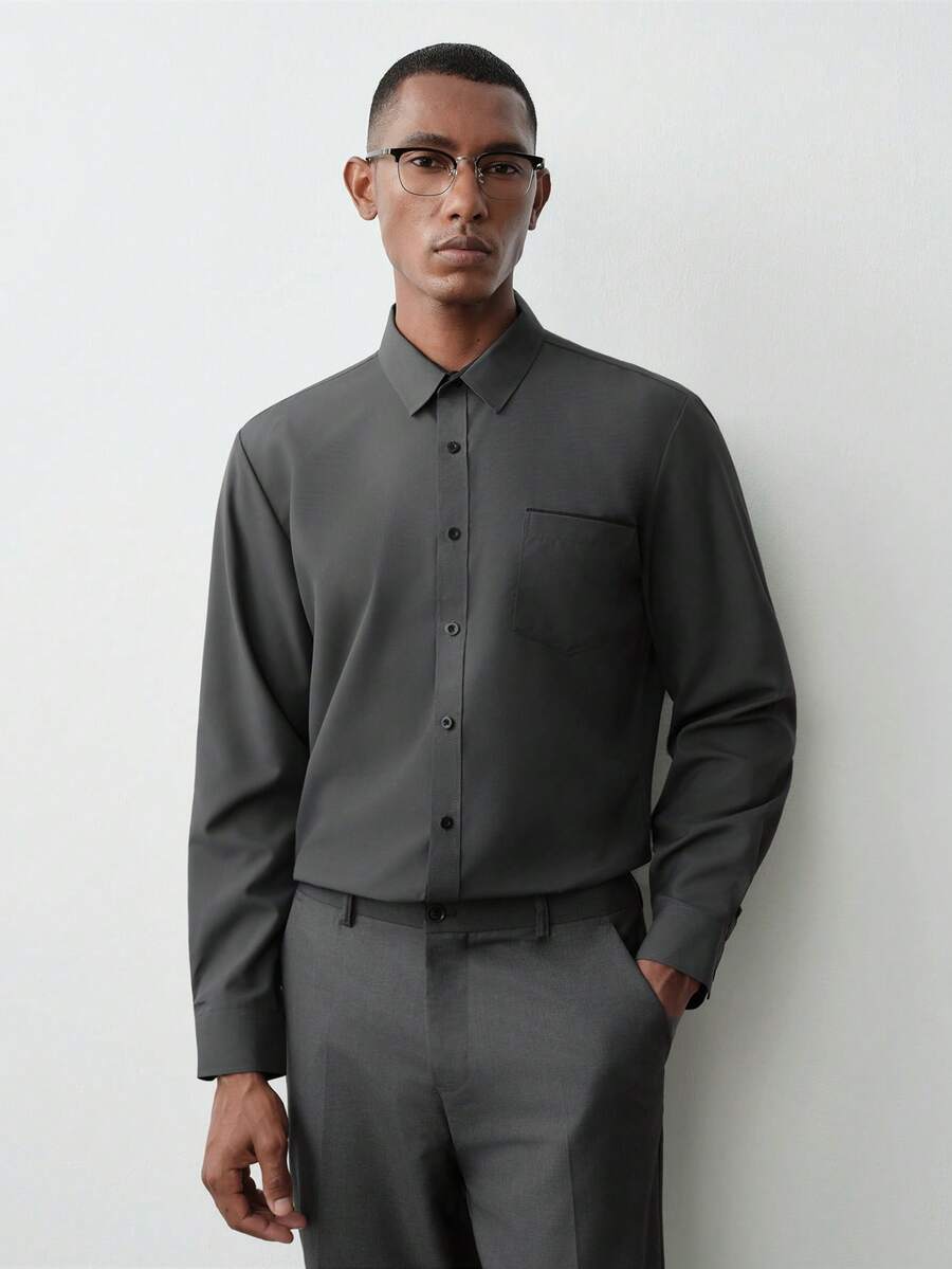 MENRIVO Men's Front Button Long Sleeve Pocket Casual Formal Shirt, Daily Wear, For Fall, Ceremony - Dark Grey - View 1