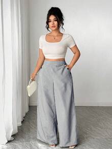 SHEIN Tall CURVE Plus Size Women's New Korean Style Exquisite Elegant Autumn Fashion Minimalist White Linen Pants, High Waist Slimming Straight Leg Trousers Cruise - Multicolor - View 7