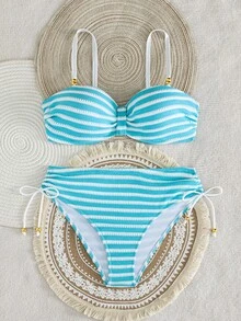 Set di costumi da bagno da donna Swim Lushoire in nuovo tessuto speciale con dettagli in perline metalliche - Blu - Visualizzare 3