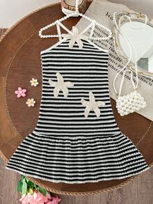 SHEIN Elladie kids 少女 YK2 夏季韓系新時尚甜美細肩帶露背彩虹條紋可愛度假洋裝 - 黑色 - 查看 5
