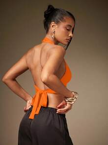 Hauture Women's Sexy Basic Casual Front Metal Closure Detail Going Out Halter Top - Orange - View 2