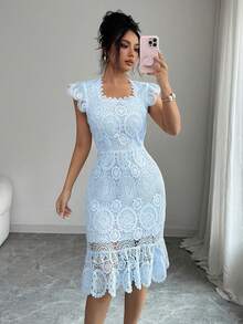 Elenzga Vestido ajustado elegante de mujer con malla floral de unicolor y diseño calado - Celeste - Ver 7