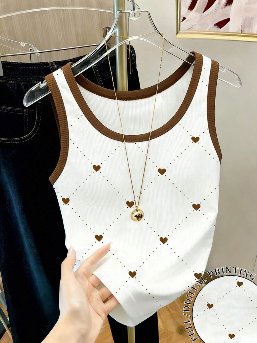 Resyla Women's Heart Print Trim Round Neck Casual Versatile Tank Top - White - View 1
