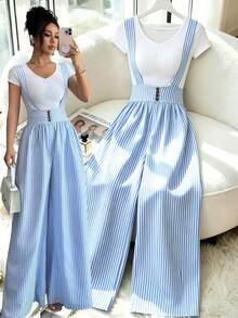 Elenzga Bestselling Blue & White Striped Suspender Waist Resin Buckle Decor Wide Leg Loose Women Casual Vacation Commute Elegant Jumpsuit - Blue and White - View 3