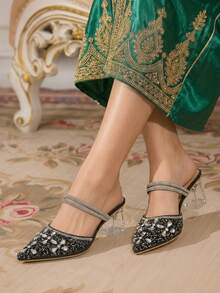 CUCCOO TILAWA Sepatu hak tinggi wanita berwarna hitam dengan hiasan kristal dan rhinestones yang modis dan elegan, cocok untuk perjamuan, pesta, dan acara lainnya. - hitam legam - View 9