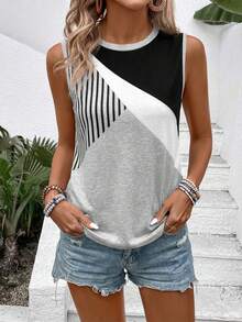 SHEIN Women's Round Neck Colorblock Casual Versatile Daily Wear Top - Multicolor - View 3