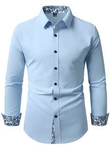 Manfinity Mode Camisa de manga larga con patrón floral de patchwork de un solo pecho (sin posición), formal para hombres - Celeste - Ver 3
