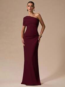 SHEIN BAE Spring/Summer Solid Color Asymmetrical Shoulder Burgundy Fitted Ruched Maxi Wrap Dress, Elegant Sexy Women's For Romantic Date Formal Official Party - Burgundy - View 1