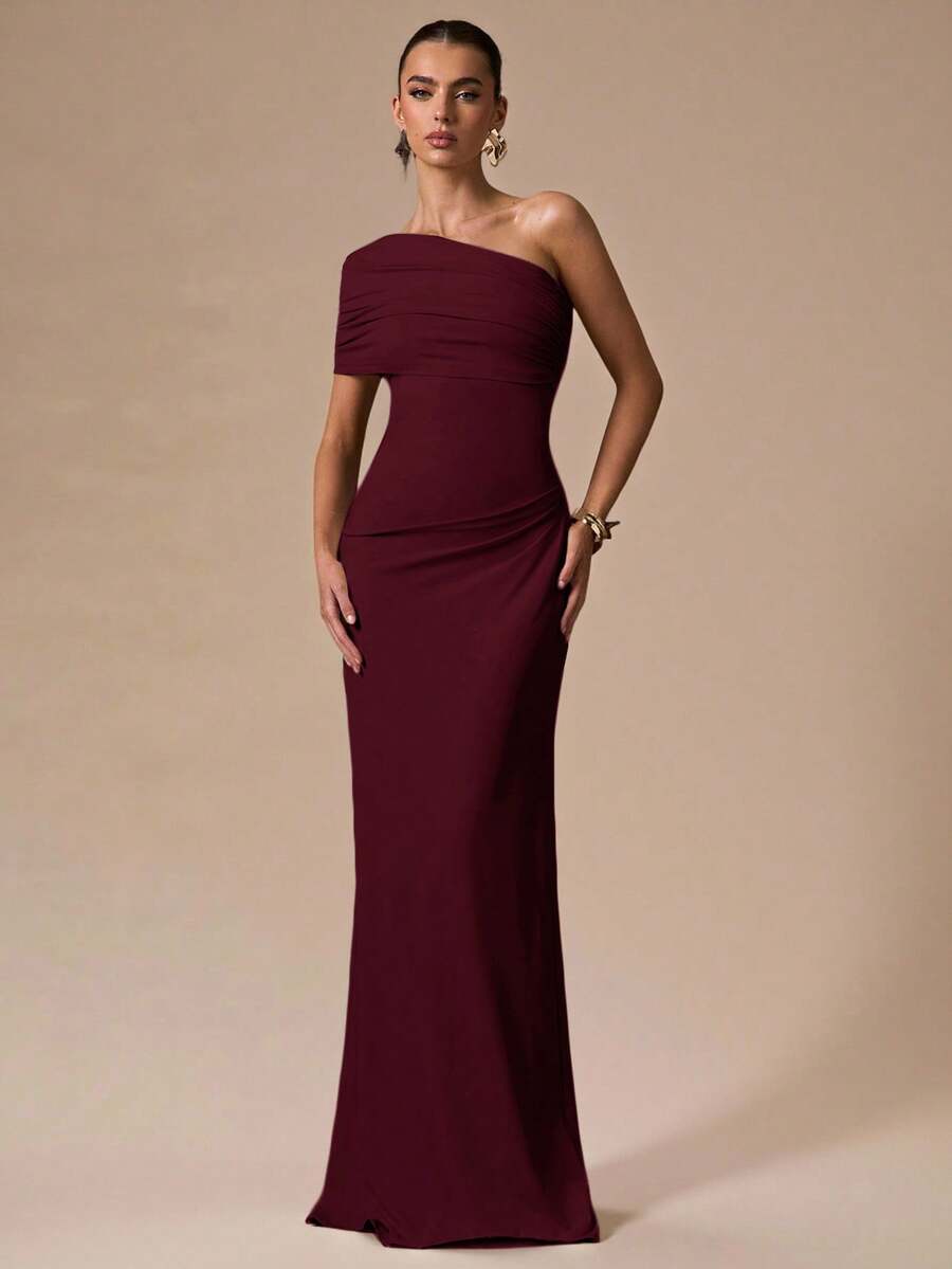 SHEIN BAE Spring/Summer Solid Color Asymmetrical Shoulder Burgundy Fitted Ruched Maxi Wrap Dress, Elegant Sexy Women's For Romantic Date Formal Official Party - Burgundy - View 1