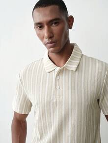 MENRIVO 男式前扣短袖条纹休闲 Polo 衫 - 咖啡棕 - 查看 3