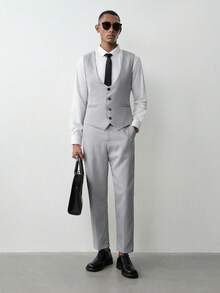MENRIVO Men's Colorblock Patchwork Waistcoat And Pants Formal Suit Set Formal, Ceremony - Light Grey - View 2