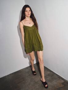 MOTF PREMIUM VACATION LINEN EMBROIDERED LOOSE SHORT DRESS, SPRING/SUMMER - Olive Green - View 8