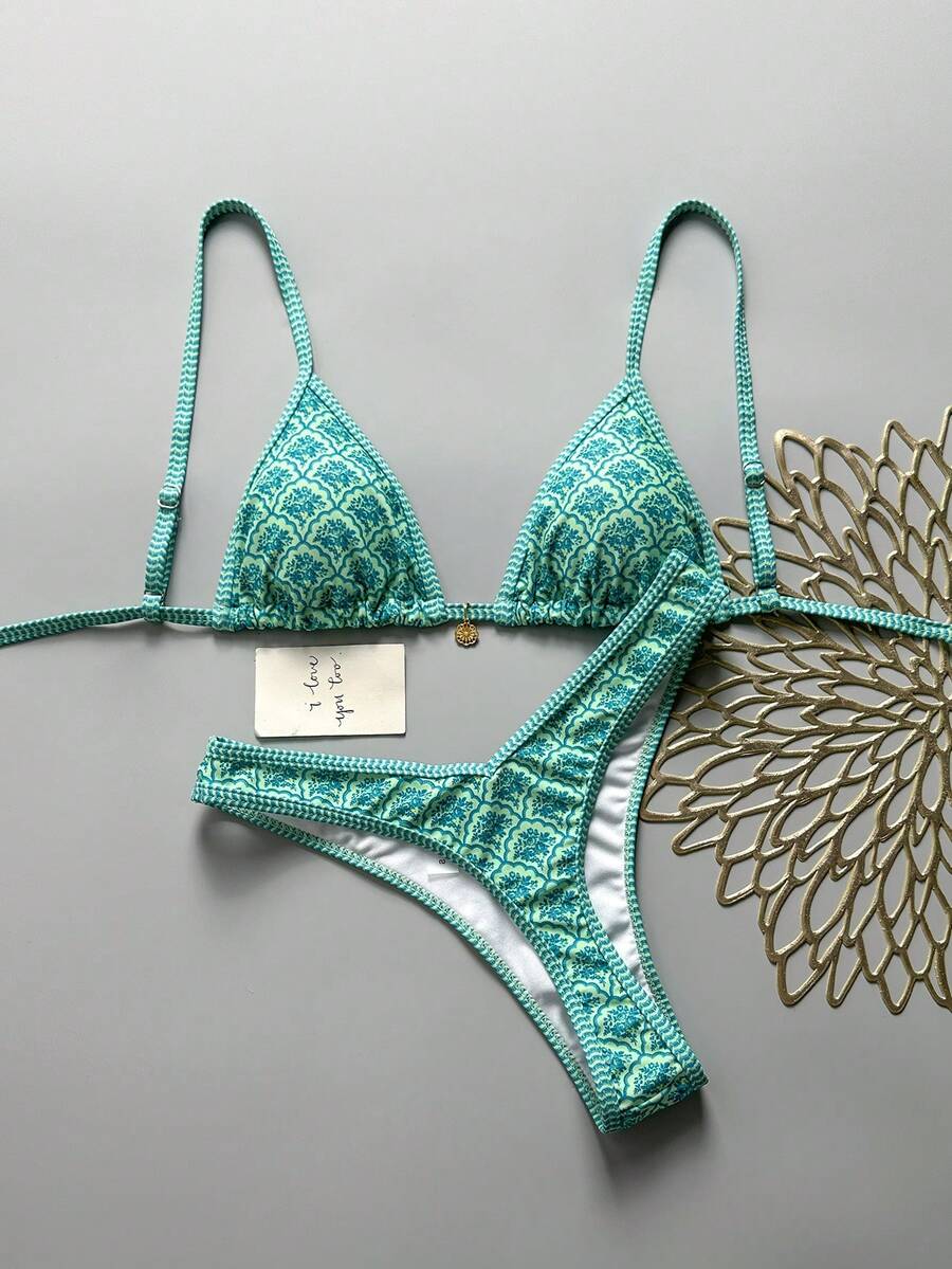 Swim Mod Springbreak Women Beachwear Random Floral Print Spaghetti Strap Top And High Cut Bikini Bottom Set For Summer Beach Vacation - Multicolor - View 1