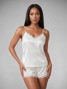 Silforma Lace Trim Satin Cami Top & Shorts Pajama Set White Set - White - View 6