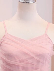 SHEIN Tween Girls Elegant Back To School Pink Strap Contrast Mesh Hi Waist Cinched Flared A-Line Dress Sixth Form,Graduation,Party Autumn Fall Christmas - Pink - View 7
