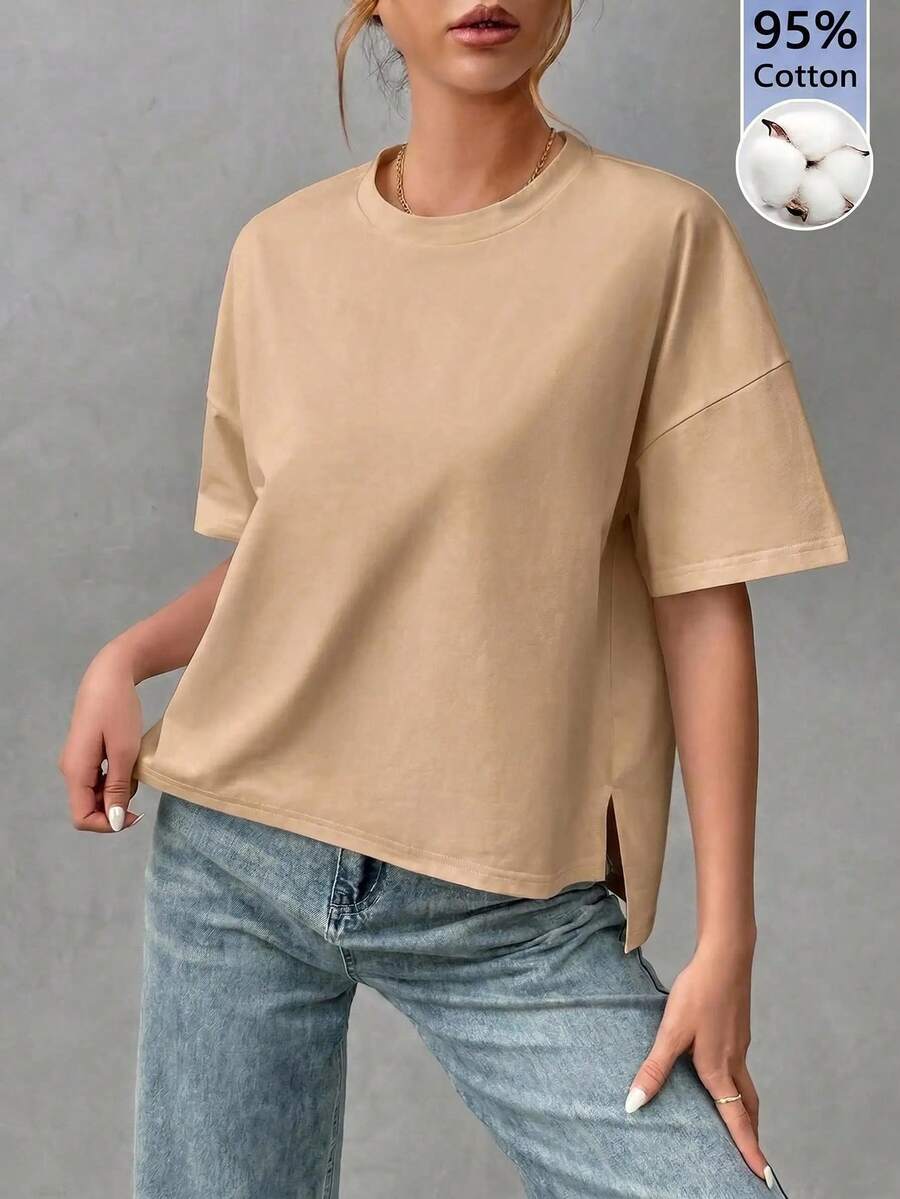 SHEIN Essnce 純棉舒適女款極簡基本款前短後長T恤，時尚，適合外出、搭配、旅行、度假 - 卡其色 - 查看 1
