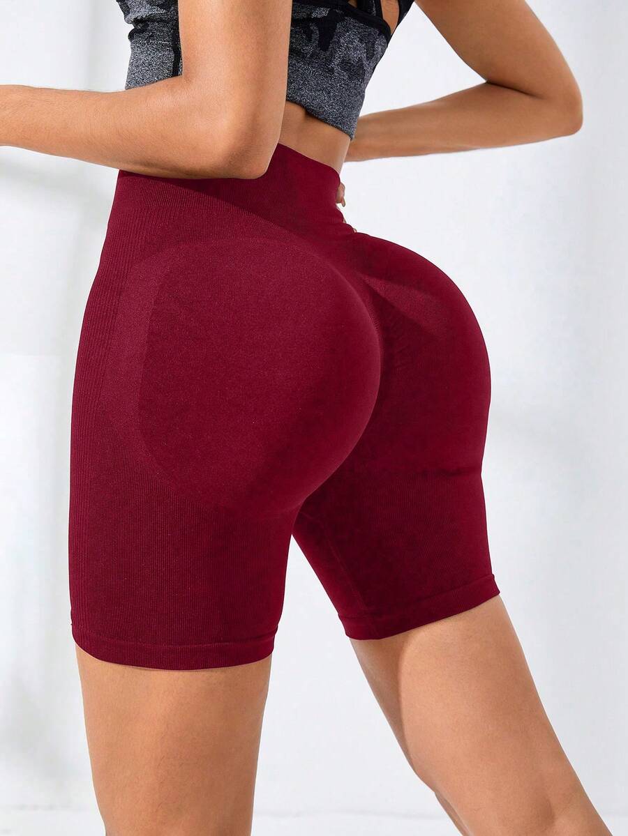 SHEIN Sports Women's Solid Color High Waist Daily Fitness Sports Shorts - Burgundy - View 1