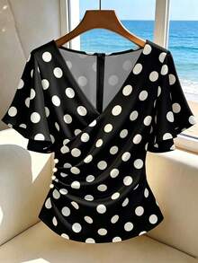 Franclia Blusa de verano de moda para mujer con manga corta, cruzada y estampado de lunares - Negro - Ver 3