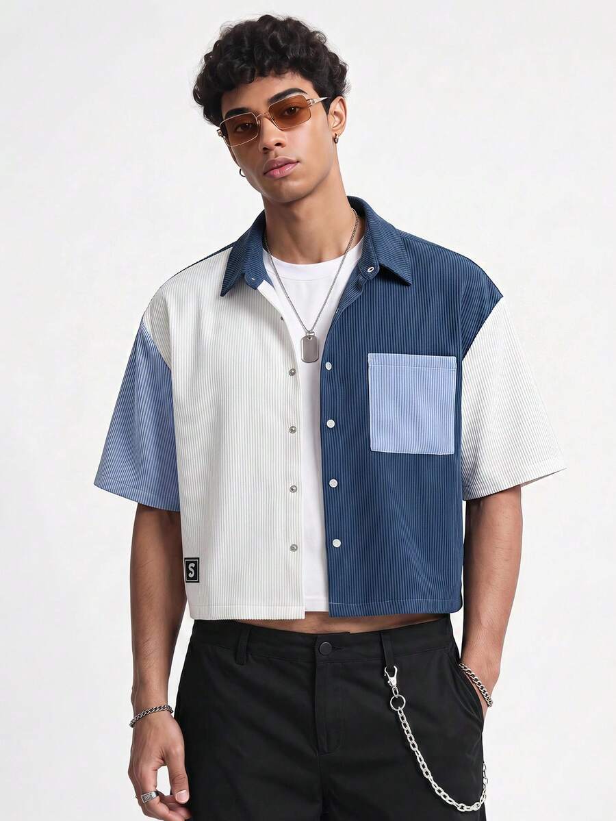SWAVVY Chemise à manches courtes pour hommes en velours côtelé 8-wale 100% polyester tricolore - Bleu et Blanc - Voir 1