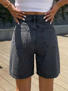DAZY Women's Casual Versatile Daily Denim Shorts With Pocket And Button Summer - Black - View 3