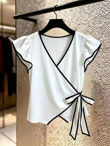 SHEIN LUNE 女款優雅拼色荷葉邊收腰白色T恤 - 白色 - 查看 3