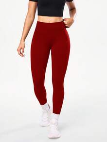 SHEIN 女款 2 件組素色無縫瑜伽緊身褲 高腰寬腰帶 提臀 健身跑步運動褲 女款運動服 - 紅色 - 查看 7