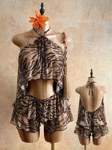 Mistrie Conjunto de 2 piezas de top corto y shorts con estampado de cebra para mujer, sexy para cita nocturna - Dorado - Ver 8