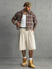 AXEPEAK Pantalones cortos casuales versátiles de uso diario con pliegues de unicolor para hombres - Albaricoque - Ver 7