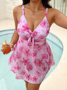 Swim Mod Plus Size Women's Floral Print Ruched One-Piece Swimsuit, Suitable For Beach Vacation, Pool Party, Beach Party - Pink - View 1