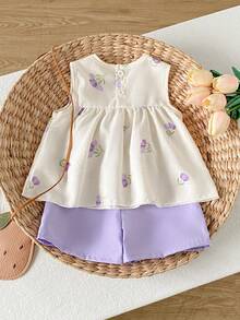 SHEIN Playful Pals 女嬰白色純色特殊提花紋理面料圓領無袖短版抓皺背心上衣，搭配彩色圓點印花，配粉紅色鬆緊腰舒適簡約短褲，度假休閒春夏季出遊舒適法式田園優雅套裝 - 紫色 - 查看 2