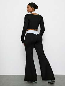 Levarali Women's Plus Size Halter Neck 2 In 1 Patchwork Long Sleeve Top And Flared Leggings Casual Daily Sports Set Gym Black And Gold White Autumn Fall - Black and White - View 2