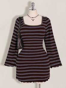 SHEIN ICON 大码彩色条纹露背喇叭袖针织连衣裙 - 棕色 - 查看 1