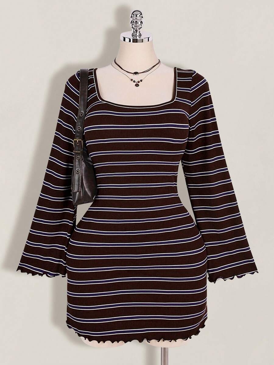 SHEIN ICON 大码彩色条纹露背喇叭袖针织连衣裙 - 棕色 - 查看 1