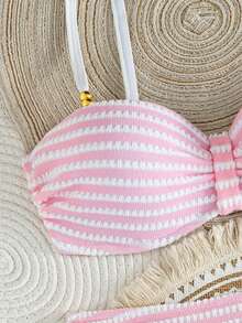 Swim Lushoire 女款新款特殊面料珠飾飾邊泳衣套裝 - 粉色 - 查看 6