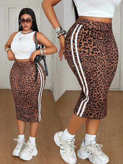 Maweii Women's Plus Size Casual Leopard Print High Elasticity Knit Fabric Elastic Waistband Bodycon Pencil Skirt Side Contrast Color Webbing Design Fashion Versatile Outing Leopard Print Skirt Plus Size Skirt New Style Party Gathering Night Date Romantic Date Fashion Versatile Outing Fashion Item Vacation Versatile Plus Size Skirt Summer Holiday Outfit Date Eye-Catching Daily Street Wear Slimming Figure-Flattering Fashion Versatile Outing Party Gathering Night Date Romantic Date Music Festival Versatile Bodycon Pencil Skirt