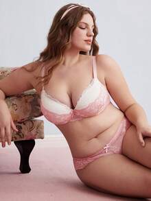 Elorette Women's Colorblock Lace Patchwork Camisole Bra Set, Lace Bra And Panty Set, Plus Size Lingerie Set - Pink - View 2
