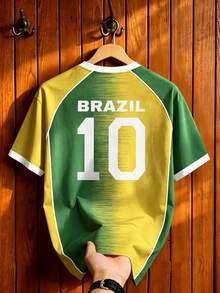 Aesthetic Post 復西隊風格黃綠漸層拼色足球短袖上衣，美式 BRASIL #10 印花圓領 T 恤，男女款圖案 T-shirt，男士時尚休閒運動球衣，足球運動裝備 - 白色 - 查看 4
