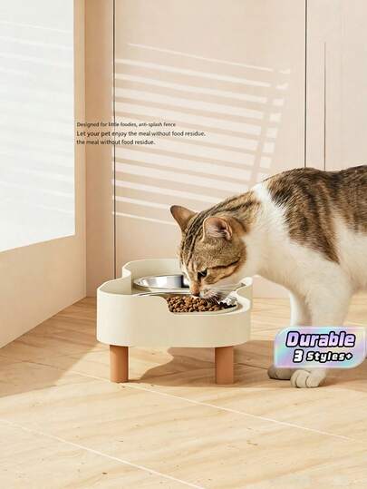 1Pc Elevated Cat Food Bowl With Anti-Splash Fence, Stainless Steel Double Dish For Cats & Small Dogs, Durable Non-Tip Design With Wooden Legs, Easy-Clean Pet Feeder For Mess-Free Meals.