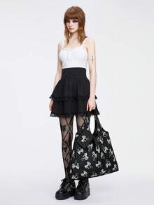 ROMWE Kawaii Fashion All-Over Bow Pattern Storage Bag, Large Capacity Portable Foldable Shopping Tote Bag With Coin Purse - Black and White - View 3