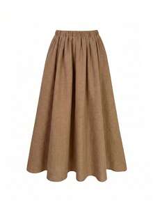SHEIN A-Line Fold Pleated Solid Color High Waist Skirt - Coffee Brown - View 2