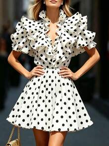 SHEIN Women's Black And White Polka Dot Ruffle Small Stand Collar Front Chest Large Ruffle Pleated Ruffle Sleeve Short Dress, Suitable For Spring And Summer Wear, Suitable For Daily Commute, Daily Elegance, Romantic Date, Beach Leisure Vacation - Black and White - View 5