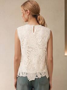 Anewsta Women's Elegant Round Neck Floral Lace Hollow Out Sleeveless Top, Spring/Summer - Apricot - View 2