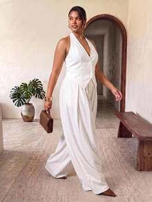 Truni Plus Size Casual Elegant Vacation Wide-Leg Two Pieces Set Formal Party Formal Office White Summer - White - View 6