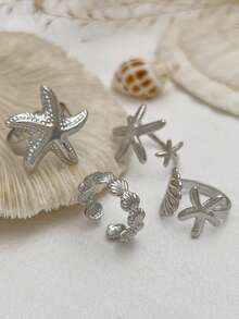 ROMWE Fairycore 4pcs Fashion Ocean Style Rings - Shiny Starfish, Shell, Geometric Metal Rings, Open Ring. Gifts For Women, Daughters, Wives - Silver - Starfish Ring - View 4