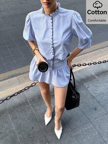 Siren Gaze Women's Colorblock Striped Button-Up Shirt And Ruffle Hem Skirt 2 Pieces Set - Blue and White - View 8