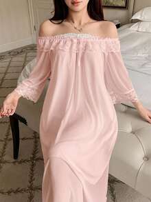 DAZY Lace Patchwork Off-Shoulder Loose Nightgown Women's Loungewear Dress Summer Pajamas - Baby Pink - View 5